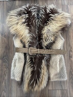 Holt Renfrew Real Fur Vest with Croc-Textured Belt - Taupe & Brown